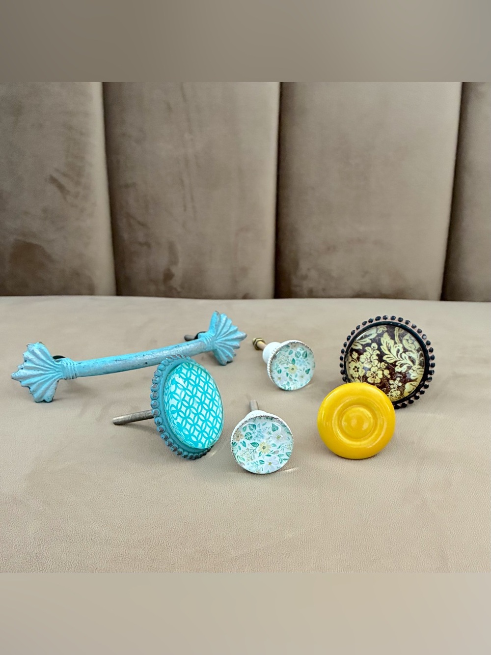 Set of 6 Assorted Decorative Drawer Pull Knobs - Turquoise, Yellow, White, Brown